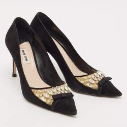 Miu Miu Black Suede and PVC Crystal Embellished Pointed Toe Pumps Size 38.5