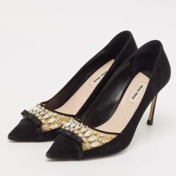 Miu Miu Black Suede and PVC Crystal Embellished Pointed Toe Pumps Size 38.5