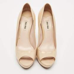 Miu Miu Beige Patent Leather Peep Toe Platform Pumps Size 39.5