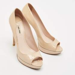 Miu Miu Beige Patent Leather Peep Toe Platform Pumps Size 39.5