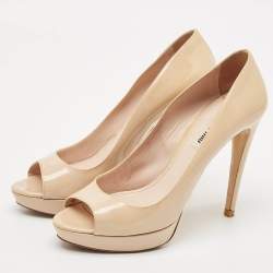 Miu Miu Beige Patent Leather Peep Toe Platform Pumps Size 39.5