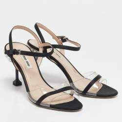 Miu Miu Black Satin And PVC Embellished Heel Ankle Strap Sandals Size 38