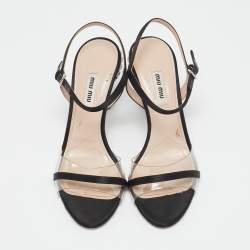 Miu Miu Black Satin And PVC Embellished Heel Ankle Strap Sandals Size 38