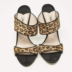 Miu Miu Brow Leopard Print Calf Hair and Suede Slide Sandals Size 38