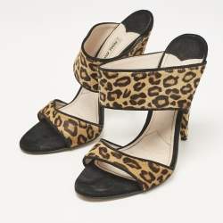 Miu Miu Brow Leopard Print Calf Hair and Suede Slide Sandals Size 38