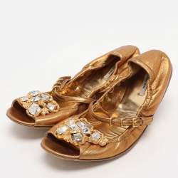 Miu Miu Gold Leather Embellished Scrunch Ballet Flats Size 38