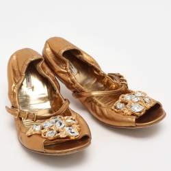 Miu Miu Gold Leather Embellished Scrunch Ballet Flats Size 38