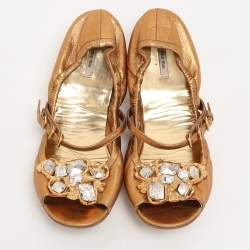 Miu Miu Gold Leather Embellished Scrunch Ballet Flats Size 38