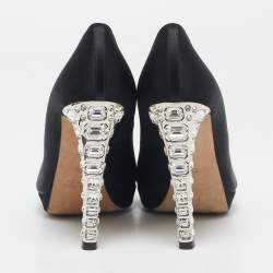 Miu Miu Black Satin Crystal Embellished Heel Peep Toe Platform Pumps Size 38