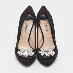 Miu Miu Black Satin Crystal Embellished Heel Peep Toe Platform Pumps Size 38