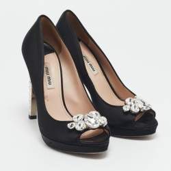 Miu Miu Black Satin Crystal Embellished Heel Peep Toe Platform Pumps Size 38
