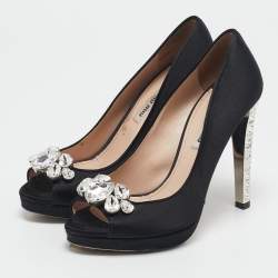 Miu Miu Black Satin Crystal Embellished Heel Peep Toe Platform Pumps Size 38
