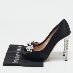 Miu Miu Black Satin Crystal Embellished Heel Peep Toe Platform Pumps Size 38