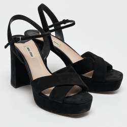 Miu Miu Black Suede Platform Block Heel Ankle Strap Sandals Size 40.5