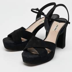 Miu Miu Black Suede Platform Block Heel Ankle Strap Sandals Size 40.5