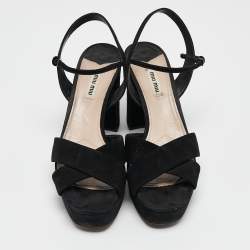 Miu Miu Black Suede Platform Block Heel Ankle Strap Sandals Size 40.5