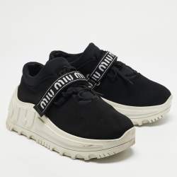 Miu Miu Black Fabric Graphic Trim Lace Up Sneakers Size 40
