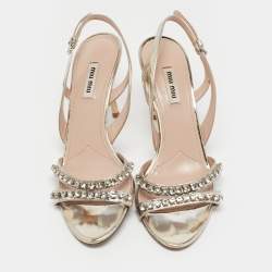 Miu Miu Gold Leather Crystal Embellished Slingback Sandals Size 39