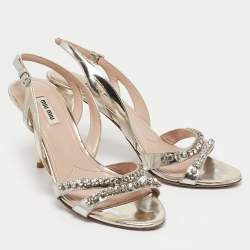 Miu Miu Gold Leather Crystal Embellished Slingback Sandals Size 39