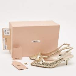 Miu Miu Gold Glitters and Leather Bow Slingback Pumps Size 37.5