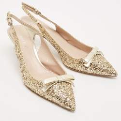 Miu Miu Gold Glitters and Leather Bow Slingback Pumps Size 37.5
