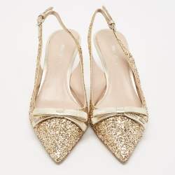 Miu Miu Gold Glitters and Leather Bow Slingback Pumps Size 37.5