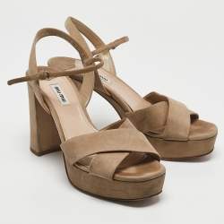 Miu Miu Beige Suede Platform Block Heel Ankle Strap Sandals Size 40