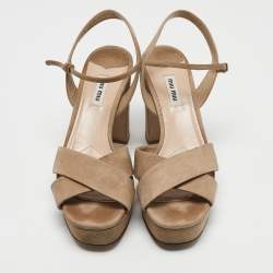 Miu Miu Beige Suede Platform Block Heel Ankle Strap Sandals Size 40