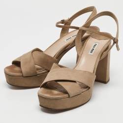 Miu Miu Beige Suede Platform Block Heel Ankle Strap Sandals Size 40