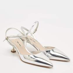 Miu Miu Silver Patent Leather Pointed Toe Slingback Pumps Size 37