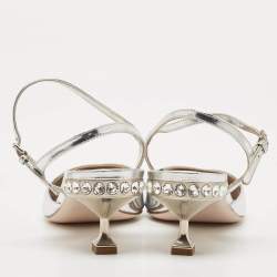 Miu Miu Silver Patent Leather Pointed Toe Slingback Pumps Size 37