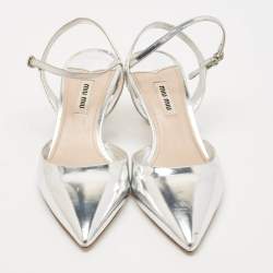 Miu Miu Silver Patent Leather Pointed Toe Slingback Pumps Size 37