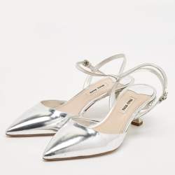 Miu Miu Silver Patent Leather Pointed Toe Slingback Pumps Size 37