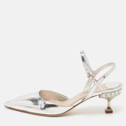Miu Miu Silver Patent Leather Pointed Toe Slingback Pumps Size 37
