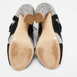 Miu Miu Silver/Black Glitter and Suede Peep-Toe Ankle Boots Size 36