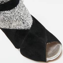 Miu Miu Silver/Black Glitter and Suede Peep-Toe Ankle Boots Size 36