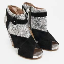 Miu Miu Silver/Black Glitter and Suede Peep-Toe Ankle Boots Size 36