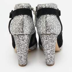 Miu Miu Silver/Black Glitter and Suede Peep-Toe Ankle Boots Size 36