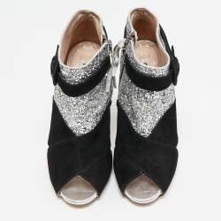 Miu Miu Silver/Black Glitter and Suede Peep-Toe Ankle Boots Size 36