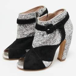Miu Miu Silver/Black Glitter and Suede Peep-Toe Ankle Boots Size 36