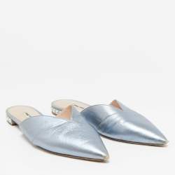 Miu Miu Metallic Blue Leather Crystal Embellished Mules Size 41