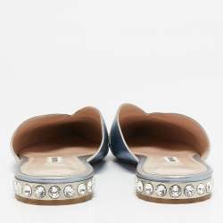 Miu Miu Metallic Blue Leather Crystal Embellished Mules Size 41
