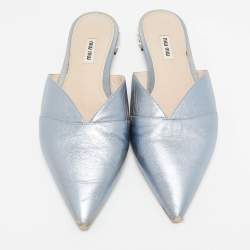 Miu Miu Metallic Blue Leather Crystal Embellished Mules Size 41