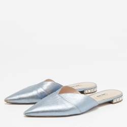 Miu Miu Metallic Blue Leather Crystal Embellished Mules Size 41