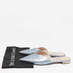 Miu Miu Metallic Blue Leather Crystal Embellished Mules Size 41