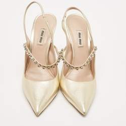 Pre Owned Miu Miu Metallic Gold Leather Crystal Embellished Pumps Size 40