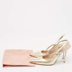 Pre Owned Miu Miu Metallic Gold Leather Crystal Embellished Pumps Size 40