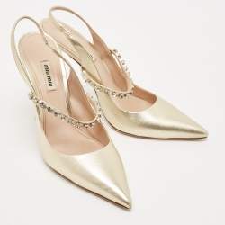 Pre Owned Miu Miu Metallic Gold Leather Crystal Embellished Pumps Size 40