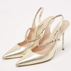 Pre Owned Miu Miu Metallic Gold Leather Crystal Embellished Pumps Size 40