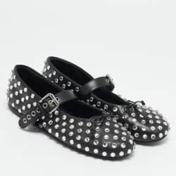Miu Miu Black Studded Leather Crystal Embellished Peep Toe Ballet Flats Size 41